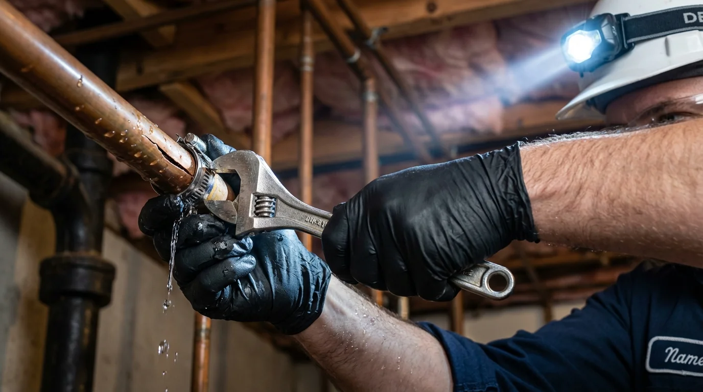 Emergency pipe clamp repair being performed by a Johns Plumbing LLC plumber in Dry Ridge