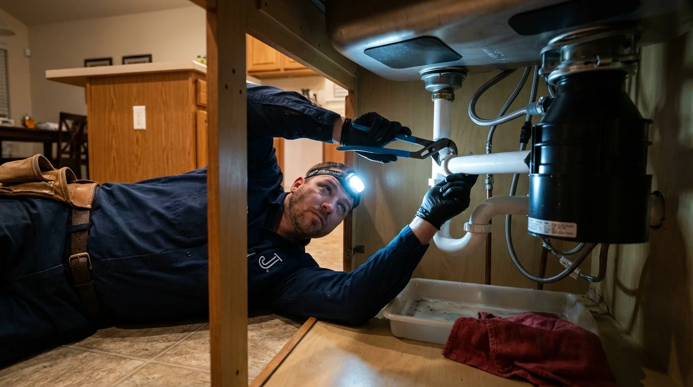 P-trap and supply line connections under a kitchen sink showing a common leak point in Dry Ridge, KY
